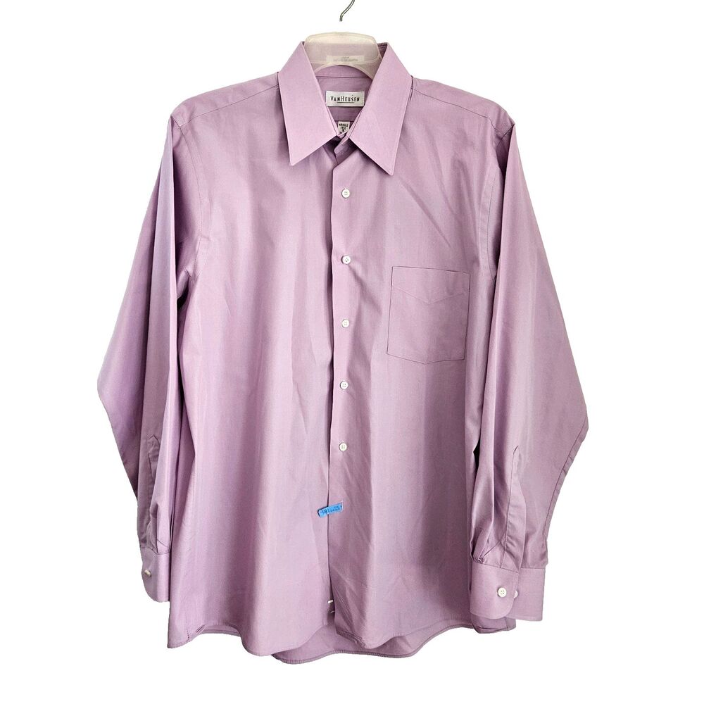 Van Heusen Shirt Mens 16 Large 34/35 Lavender Poplin Wrinkle Free LS Button-Up